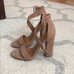 Brown faux suede block heel strappy sandals